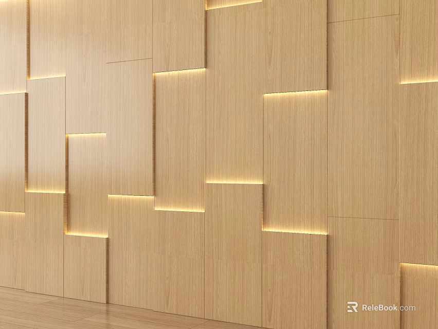 Wooden Feature Wall With Recessed Lighting And Geometric Panel Design 3d model 