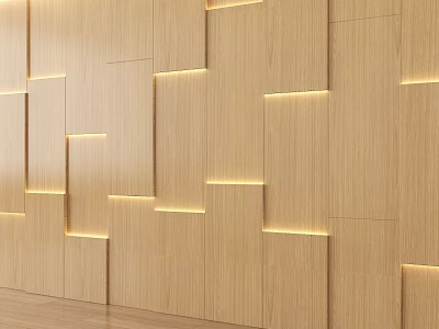 Wooden Feature Wall With Recessed Lighting And Geometric Panel Design 3d model