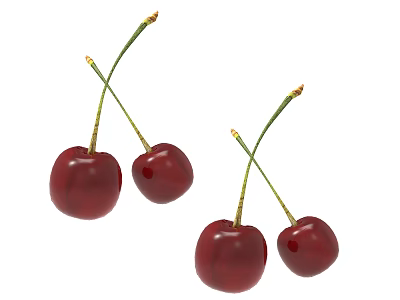 Fresh Red Cherries With Green Stems Isolated On White Background 3d model