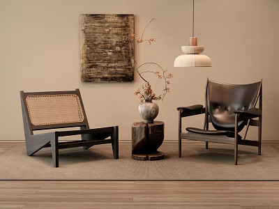 Modern Rattan and Leather Accent Chairs with Artwork Pendant Light and Decorative Vase 3d model