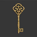 Golden Antique Style Key With Intricate Ornate Pattern And Detailed Carving