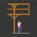 Orange Wooden Frame Structure Model Display With Two Standing Figures On Platform 3d model