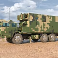 Military Camouflage Functional Vehicle With Antenna And Equipment In Desert Terrain