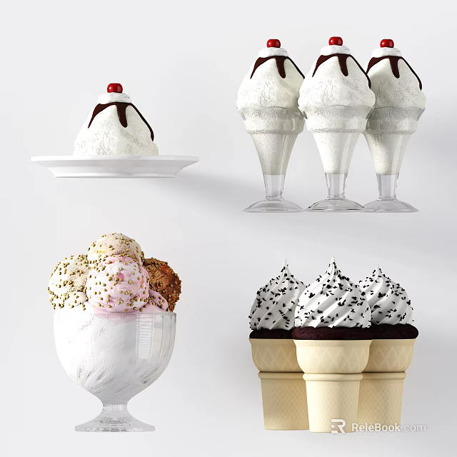 Delicious Ice Cream Sundae Scoops in Glasses Cones and Plate with Chocolate Sauce Sprinkles 3d model 