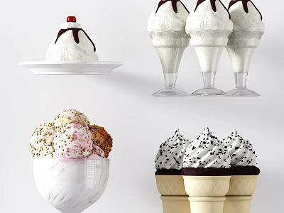 Delicious Ice Cream Sundae Scoops in Glasses Cones and Plate with Chocolate Sauce Sprinkles 3d model