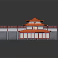 Cartoon Chinese Courtyard Scene With Traditional Red Roof Buildings And Pink Tree Decorative Elements