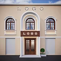 Elegant Storefront Design with Arched Wooden Door Arched Windows White Railings and LOGO Sign