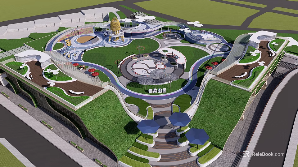 Modern Park Landscape With Curved Pathways Circular Plazas Playground And Green Lawns 3d model 