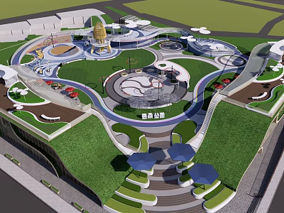 Modern Park Landscape With Curved Pathways Circular Plazas Playground And Green Lawns 3d model