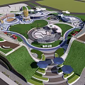 Modern Park Landscape With Curved Pathways Circular Plazas Playground And Green Lawns