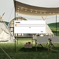 Scenic Outdoor Glamping Campsite With White Tipis Transparent Dome String Lights And Chairs