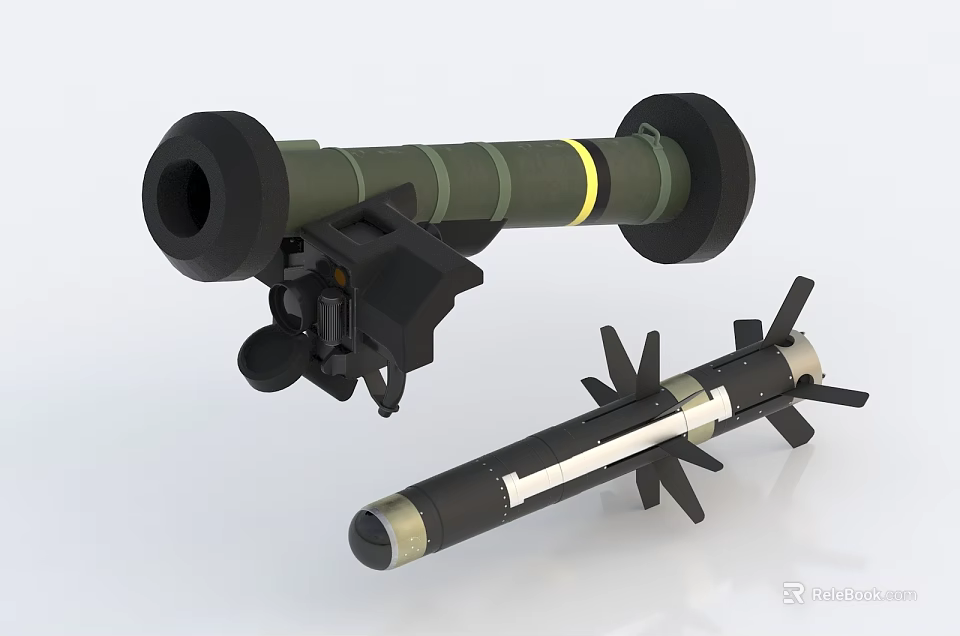 Green Rocket Launcher Weapon With Black Ends And Projectile With Fins 3d model 
