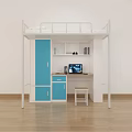 Practical Bunk Bed With White Frame Desk Blue Cabinet Laptop Small Stool And Bookshelf 3d model