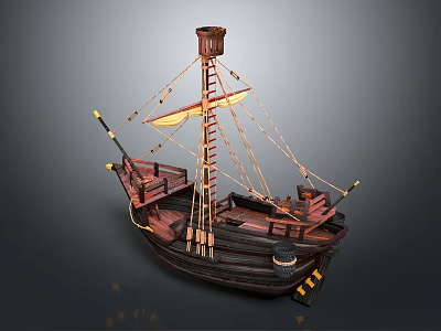 Vintage Wooden Sailing Ship With Yellow Sails Mast Ropes And Decorative Deck 3d model