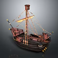 Vintage Wooden Sailing Ship With Yellow Sails Mast Ropes And Decorative Deck