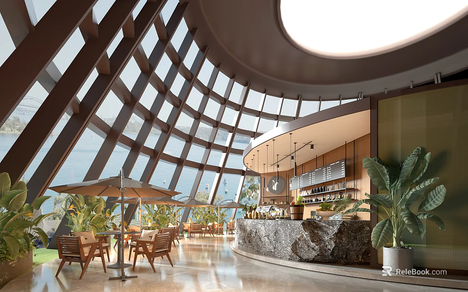 Modern Café Interior With Large Glass Windows Wooden Bar And Indoor Plants 3d model 