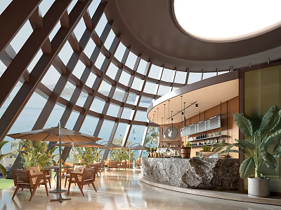 Modern Café Interior With Large Glass Windows Wooden Bar And Indoor Plants 3d model