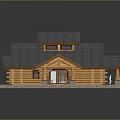 Rustic Log Cabin Structure Featuring Gray Sloped Roof Porch And Wooden Steps
