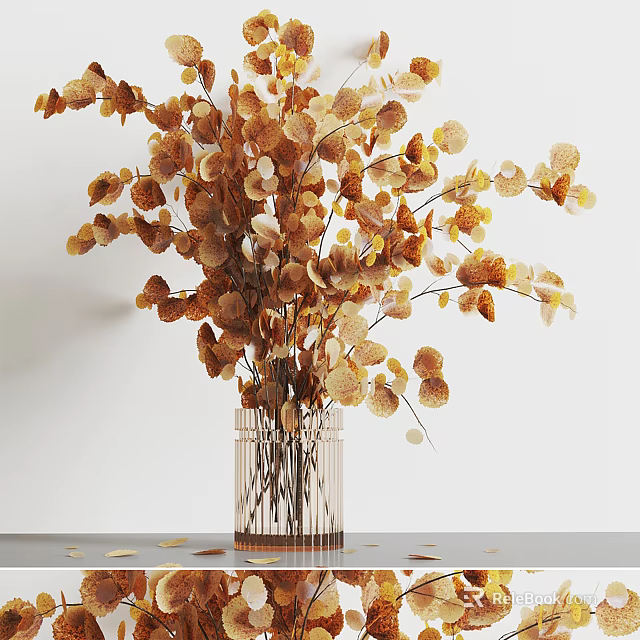 Transparent Striped Vase Displaying Brown And Beige Dried Flowers Against White Background With Scattered Petals 3d model 