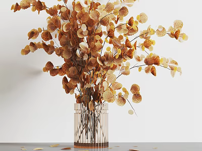 Transparent Striped Vase Displaying Brown And Beige Dried Flowers Against White Background With Scattered Petals 3d model