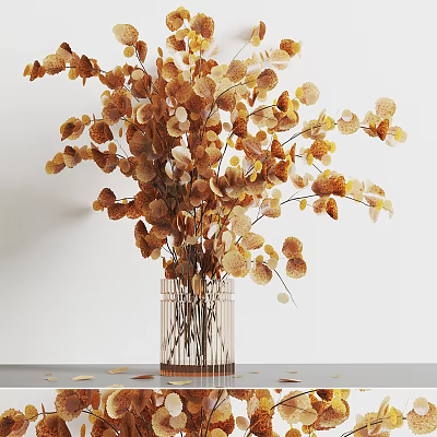 Transparent Striped Vase Displaying Brown And Beige Dried Flowers Against White Background With Scattered Petals 3d model