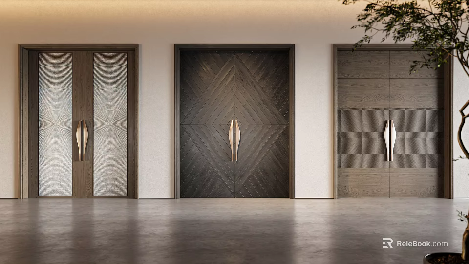 Modern Wooden Entrance Doors With Unique Handles And Design Details 3d model 