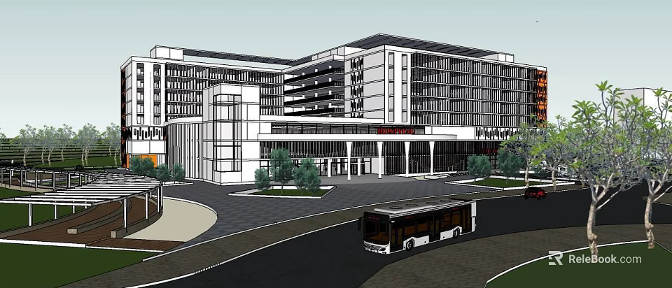 Modern Multi Story Building Exterior With Glass Facade Plaza And Bus 3d model 