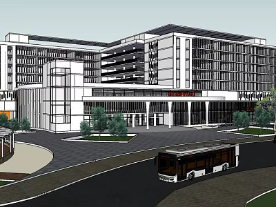 Modern Multi Story Building Exterior With Glass Facade Plaza And Bus 3d model