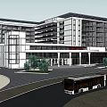 Modern Multi Story Building Exterior With Glass Facade Plaza And Bus