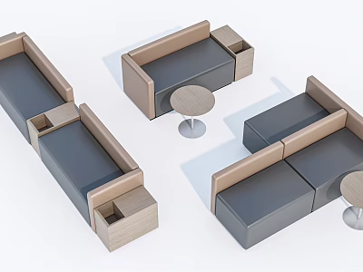Modern Sectional Sofa with Gray Upholstery and Wooden Armrests Matching Side Tables 3d model