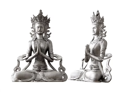Intricately Carved Sitting Buddha Sculptures Featuring Ornate Headdress And Clasped Hands 3d model