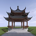 Traditional Ancient Chinese Pavilion With Multi tiered Roof Curved Eaves And Green Lawn Surroundings