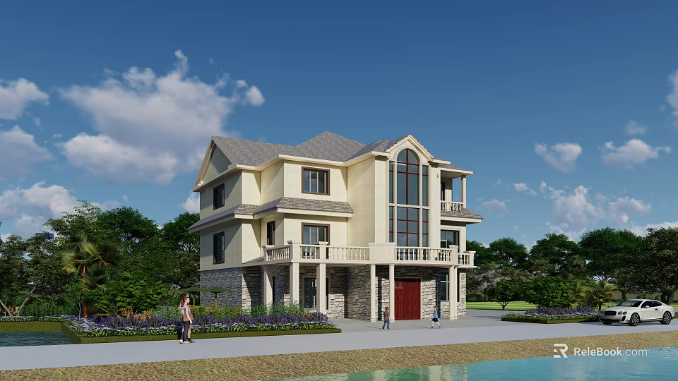 Two Story Detached Villa With Beige Exterior Gray Roof Large Windows Porch And Greenery 3d model 