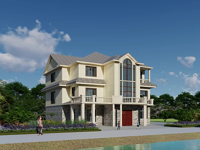 Two Story Detached Villa With Beige Exterior Gray Roof Large Windows Porch And Greenery 3d model