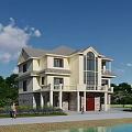 Two Story Detached Villa With Beige Exterior Gray Roof Large Windows Porch And Greenery