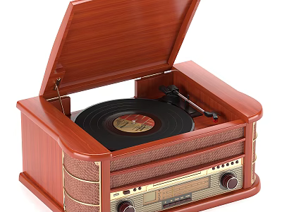 Vintage Wooden Record Player Audio System With Classic Design And Vinyl Record 3d model