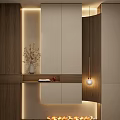 Modern Entrance Hallway Design With Wooden Panels Built in Lighting Storage Cabinets And Fireplace
