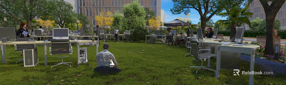 Outdoor Public Workspace With Green Grass Laptop Users Tables Chairs Umbrella Trees And Building Background 3d model 