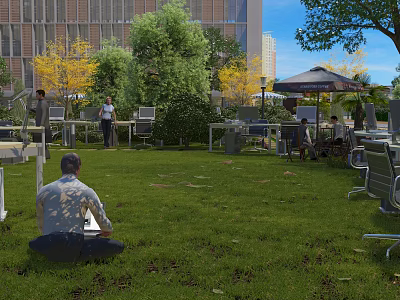 Outdoor Public Workspace With Green Grass Laptop Users Tables Chairs Umbrella Trees And Building Background 3d model