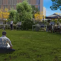 Outdoor Public Workspace With Green Grass Laptop Users Tables Chairs Umbrella Trees And Building Background