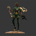 Female Warrior with Green Gold Armor and Yellow Energy Ribbons Holding Gun on Sand Base