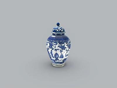 Blue and White Ceramic Jar With Intricate Traditional Patterns And Lidded Top 3d model