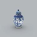 Blue and White Ceramic Jar With Intricate Traditional Patterns And Lidded Top