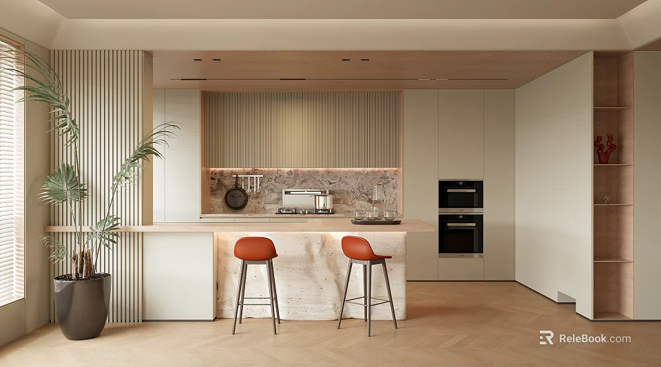 Modern Kitchen Interior With Marble Island Countertop Cabinets Black Ovens Orange Stools And Potted Plant 3d model 