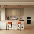 Modern Kitchen Interior With Marble Island Countertop Cabinets Black Ovens Orange Stools And Potted Plant
