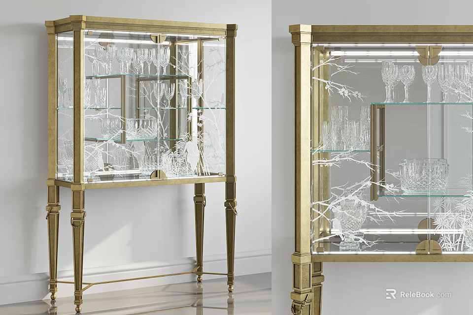 Elegant Gold Frame Sideboard With Glass Door And Glassware In Home Interior 3d model 