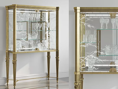 Elegant Gold Frame Sideboard With Glass Door And Glassware In Home Interior 3d model