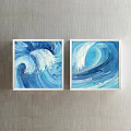 Two Blue And White Abstract Paintings In White Frames Hung On Gray Wall 3d model