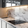 Modern Black And White Kitchen Interior With Marble Backsplash And Wine Storage Cabinet