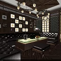 Vintage KTV Interior Design With Wooden Decor Leather Sofas Chandeliers And Stained Glass Windows